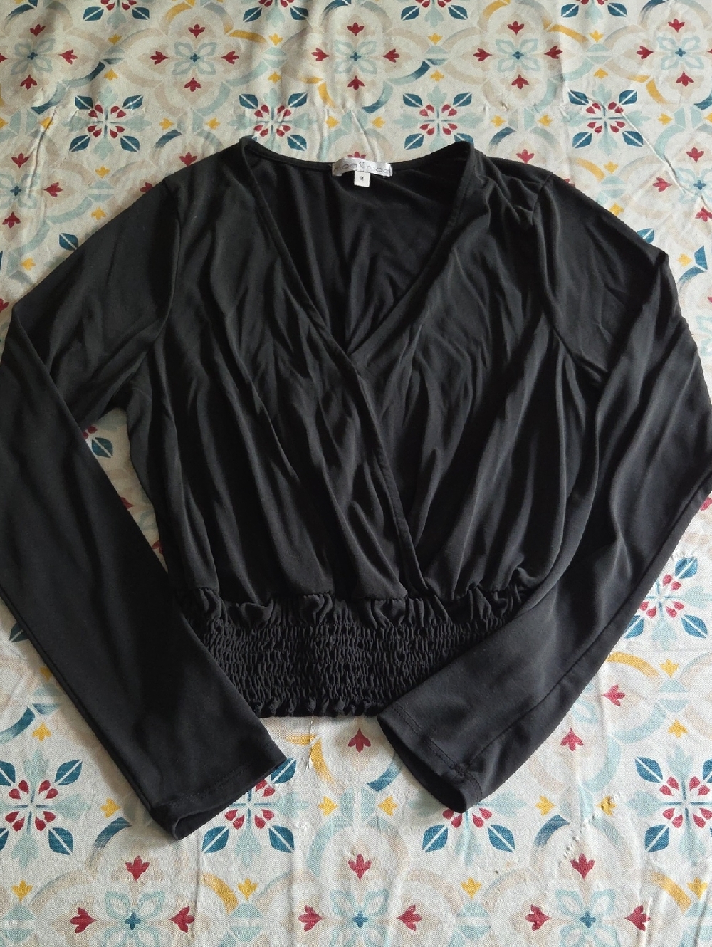 Moa Moa Black Long Sleeve Wrap Top with Smocked Waist